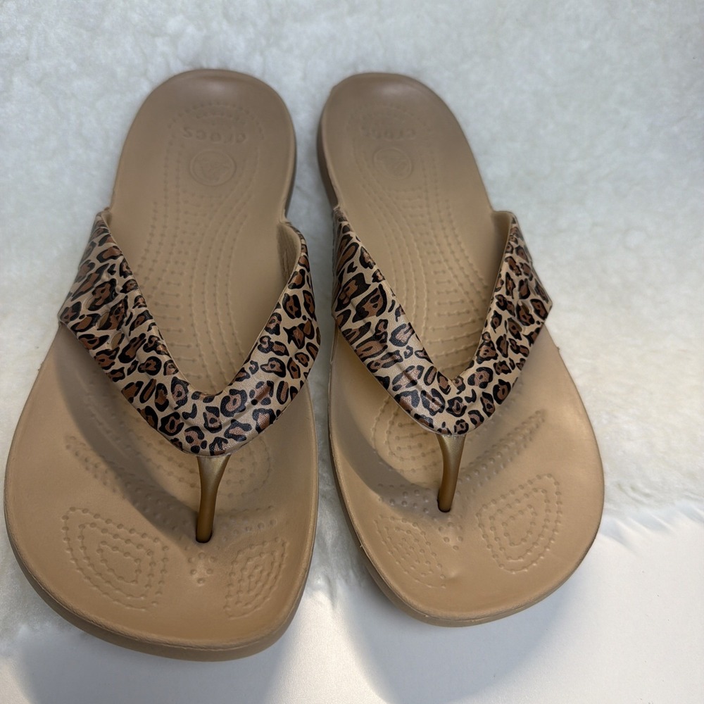 Crocs Kadee II‎ Size 10W Leopard Print Flip Flop Sandals Cheetah